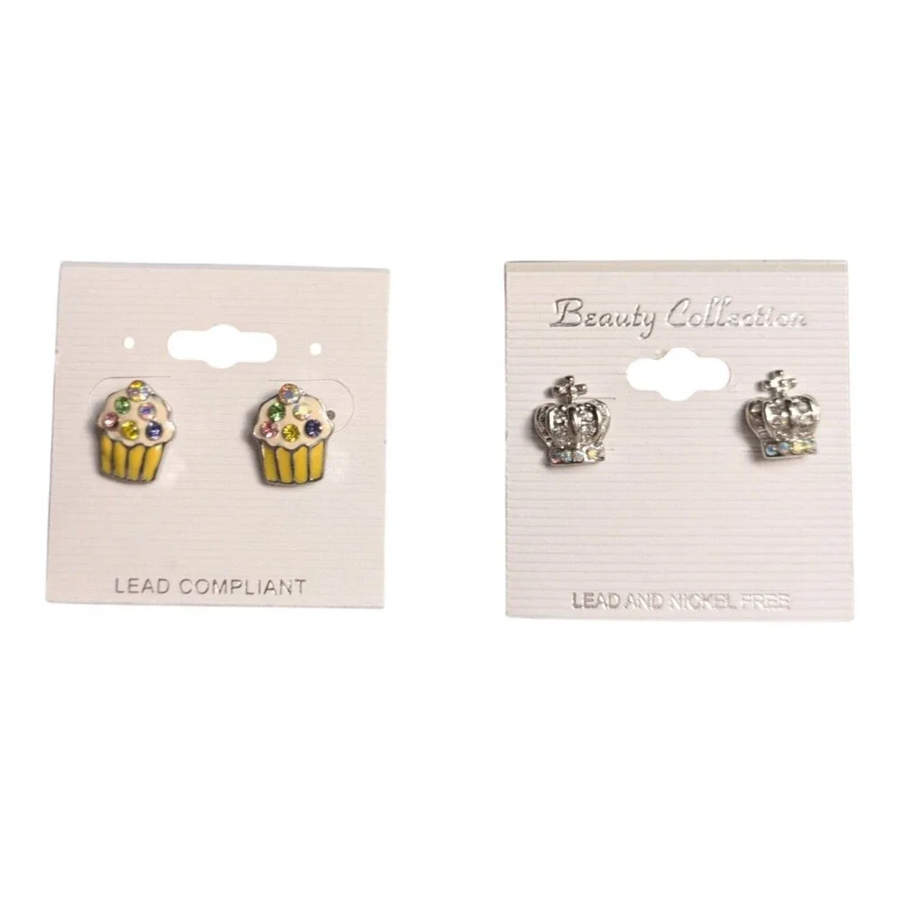 Girls Stud Earrings Set Cupcake + Princess Crown
